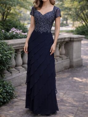 Xscape Gown In Navy Blue And Silver Tone Decoration 12